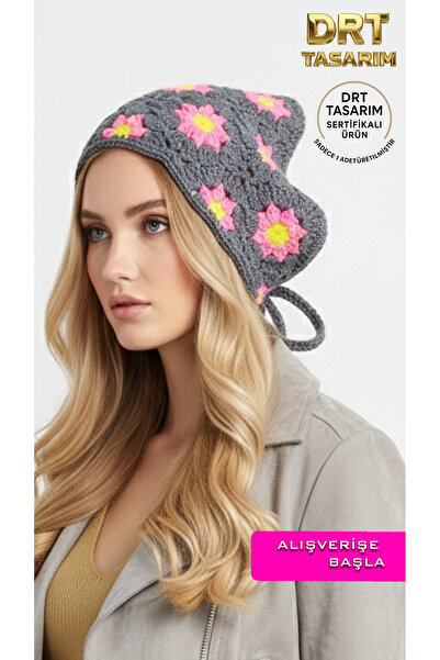 drt tasarım باندانا مثلثة الشكل ذات نمط ريترو باللون الرمادي والوردي