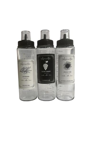 Amentes Damlatmaz Akıllı Yağlık sirkelik limonluk 3 Parça Cam Yağlık Seti 500 ml zeytinyağ etiket hediyeli