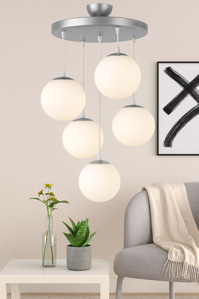 VENON Botanik 5 Lİ Sarkıt Avize Tepsi SİLVER Beyaz Glop Camlı Lüks Avize Salo...