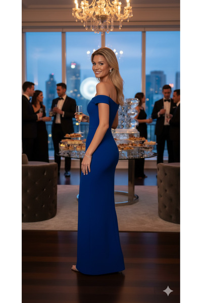 bysevensail Blue Madonna Bat Sleeve Evening Dress - Stylish and Full Lined Dress for Wedding, Engagement and Graduation