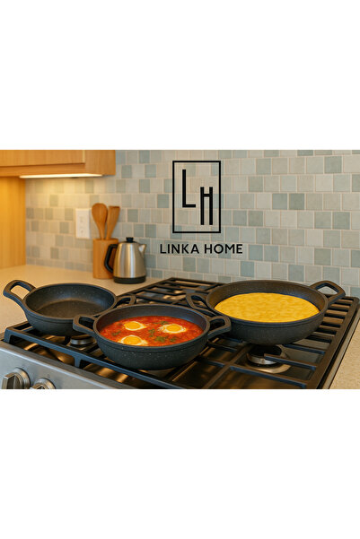 LinkaHome 3 Lü Döküm Granit Sahan Seti Tava Seti 18/20/22 Cm