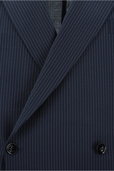 Kiğılı Slim Fit Dar Kesim Yünlü Çizgili Beli Lastikli İpli Kruvaze Takım Elbise