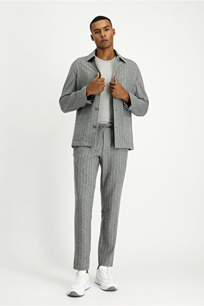 Kiğılı Slim Fit Dar Kesim Yünlü Beli Lastikli İpli Çizgili Klasik Kumaş Pantolon