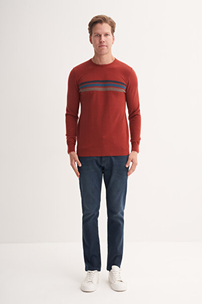 Cazador Soft Touch Slim Fit Basic Çizgi Baskılı Bisiklet Yaka Kazak