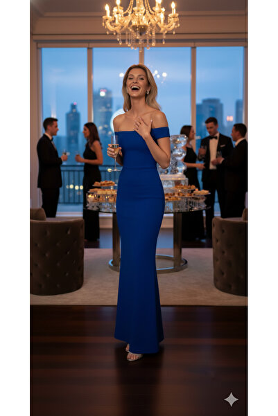 bysevensail Blue Madonna Bat Sleeve Evening Dress - Stylish and Full Lined Dress for Wedding, Engagement and Graduation