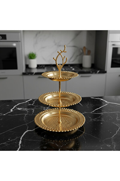 İnova Home Decor Manolya Üç Katlı Yuvarlak Altın Rengi Servis Tepsisi