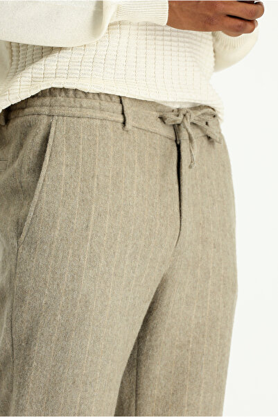 Kiğılı Slim Fit Dar Kesim Yünlü Beli Lastikli İpli Çizgili Klasik Kumaş Pantolon