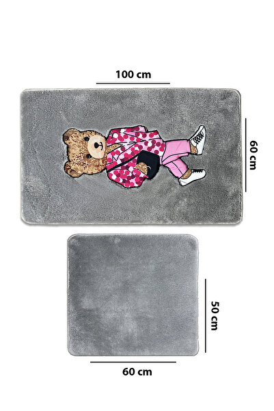 Chilai Home Boss Bear Gray 2-Piece Embroidered Bath Mat, Non-Slip Base 60X100 50X60 Cm