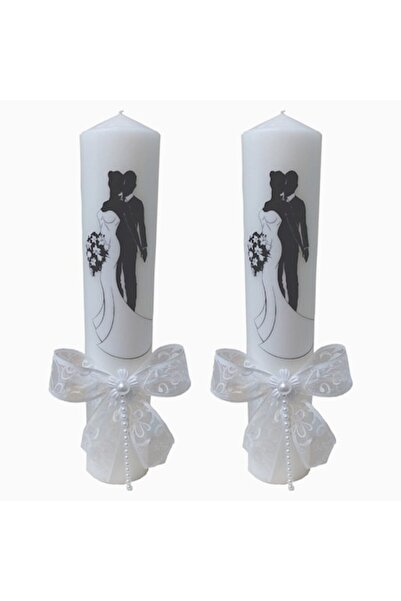 OEM Set of 2 thick Wedding Candles, 35 cm long, with bride and groom on black...