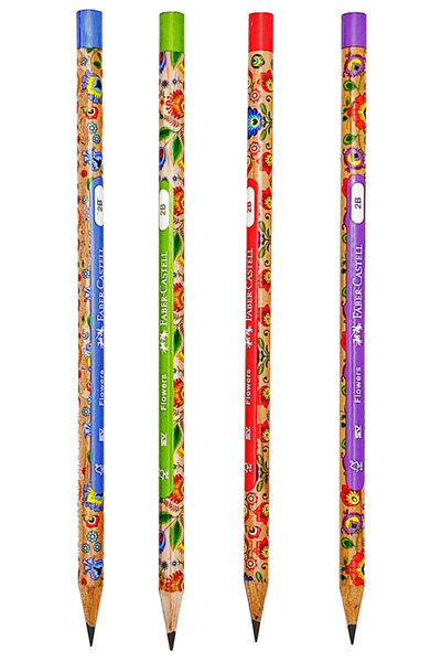 Faber Castell Renkli Flowers Çiçek Desenli Yuvarlak 2B Kurşun Kalem - 4 Adet