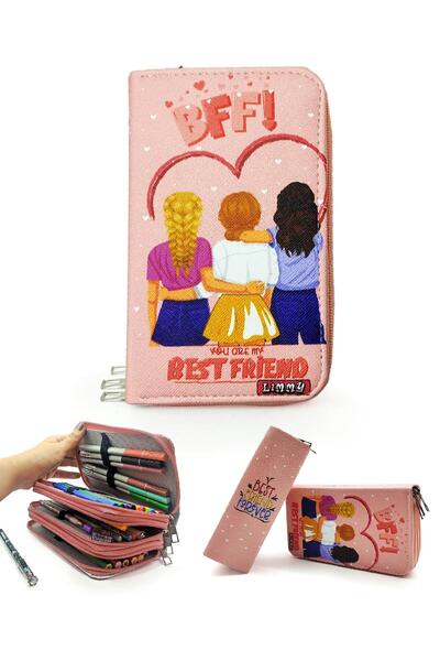 Limmy Husă pentru creion BFF Friend Best Friends Organizator cu model Husă pentru creion din piele vegană Suport pentru creion cu trei compartimente