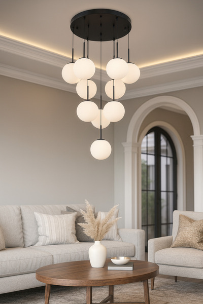 VENON FERİS 60 Cm Tepsi 10'lu Sarkıt Siyah Metal Avize Beyaz Glop Camlı E27 D...