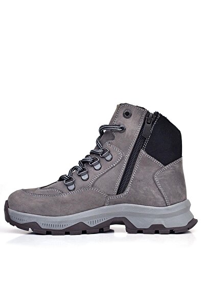 Rakerplus Hakiki Deri Gri Bağcıklı Fermuarlı Trekking Çocuk Bot