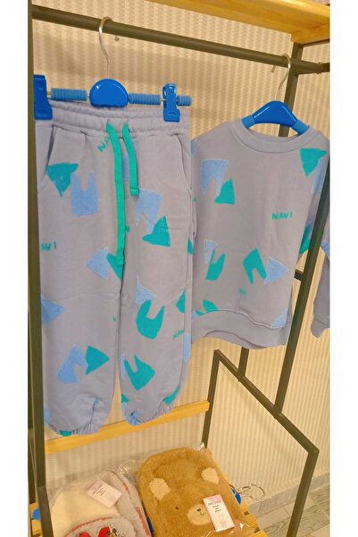 Çamur Kids طقم سويت شيرت وبنطلون رياضي من القطن للأطفال باللون الأزرق منقوش للجنسين