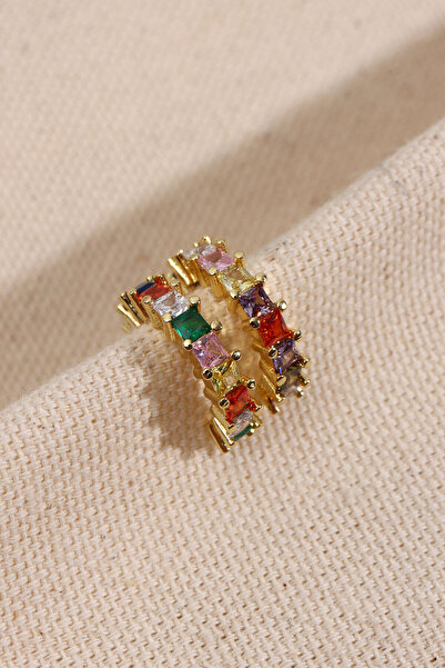 LA PERRY ACCESSORIES Gold Color Hoop Earrings with Colorful Square Stones
