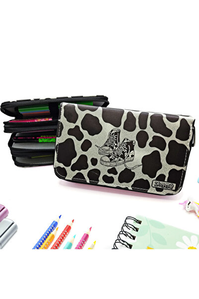 Limmy Husă pentru creion de vaca cu sclipici din piele vegană Suport pentru stilouri cu trei compartimente - negru