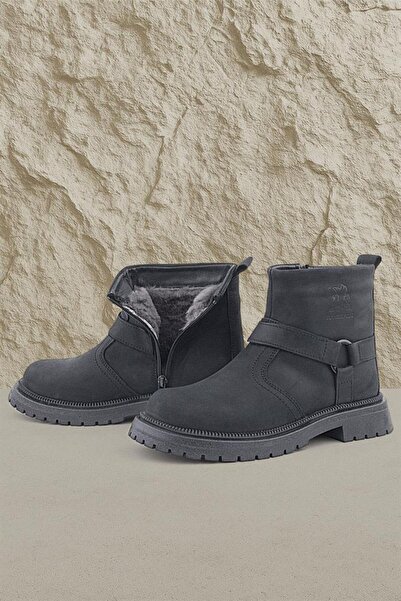 Rakerplus Gerçek Kürklü Hakiki Deri Siyah Nubuk Fermuarlı Çocuk Bot