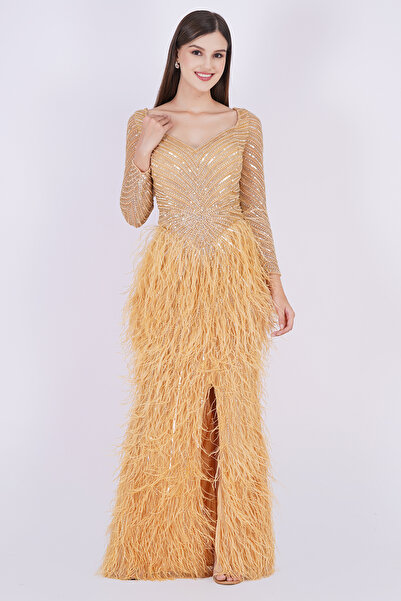 GATSBYLADY LONDON Gold Feathered Maxi Dress with Sweetheart Neckline & Embell...