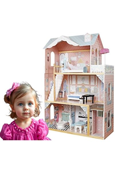 indiggo Ξύλινο Κουκλόσπιτο, Μοντέρνα Βίλα, 3 Επίπεδα, 4 Δωμάτια, Σκάλες, Ασανσέρ, Ύψος 121cm, Ροζ/μπλε