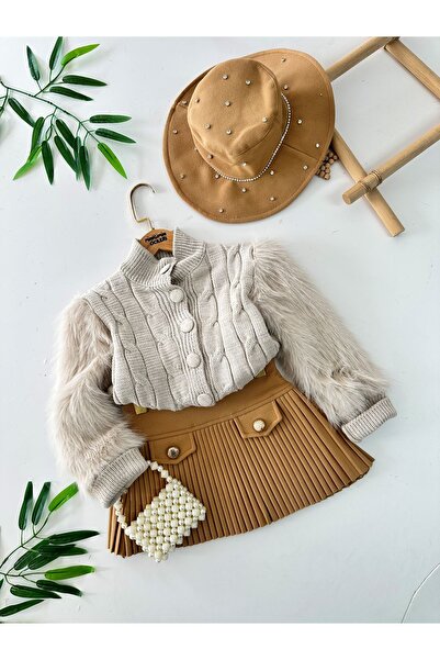 Minigimin Cicileri My Little One's Fur Collar Sleeves Knitwear 4-Piece Girl's Set - Camel