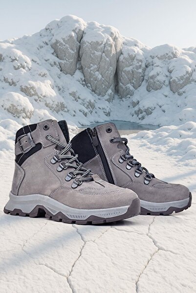 Rakerplus Hakiki Deri Gri Bağcıklı Fermuarlı Trekking Çocuk Bot