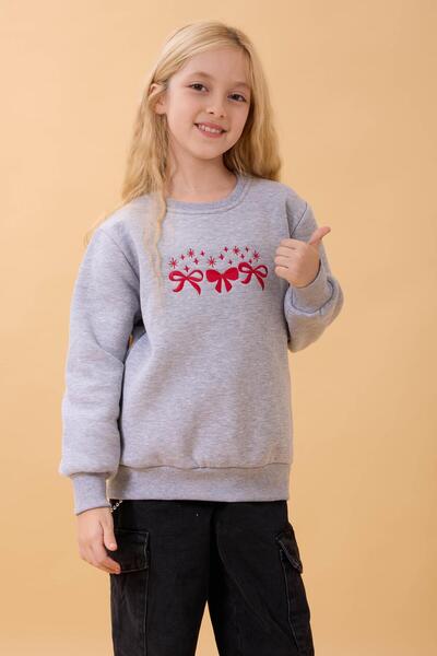 Perendi Φούτερ για κορίτσια με λαιμόκοψη ποδηλάτου με κέντημα με φιόγκο γκρι μελανζέ