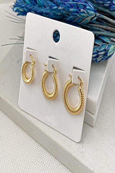 DEMOKAN Kadın Küpe 3'lü Kombin Çizgili Halka Küpe