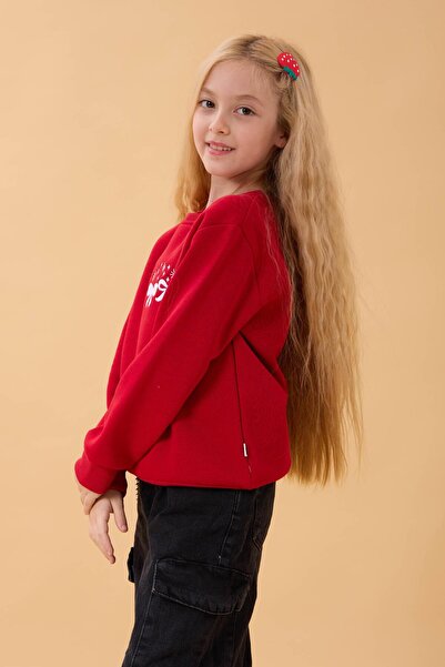 Perendi Φούτερ για κορίτσια με λαιμόκοψη και κέντημα με φιόγκο κόκκινο