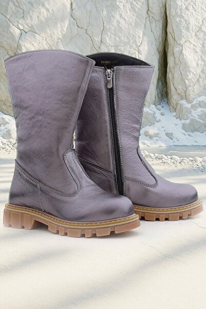 Rakerplus Genuine Leather Platinum Zippered Long Girl's Boots