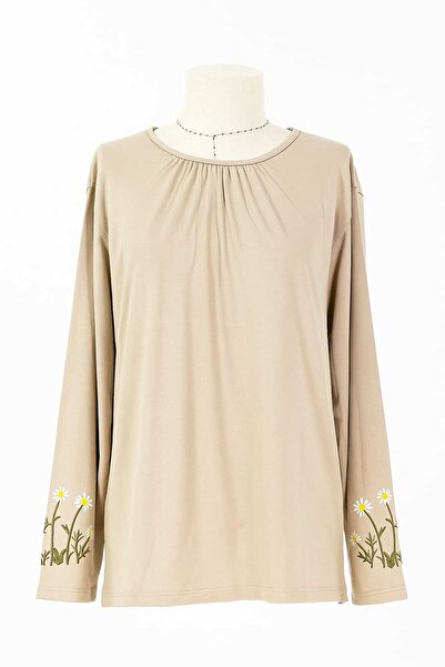 Nacar Moda Γυναικεία λικρά μπλούζα μεσαίας ηλικίας και άνω των τεσσάρων εποχών, κρεμ μαμά χτενισμένη βαμβακερή μπλούζα νέας σεζόν με κεντημένο μανίκι