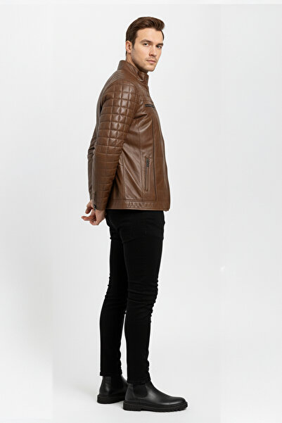 Deriderim Taba Oscar Quilted Stitched Suede Navy Blue Garnished Zippered Genuine Leather Coat