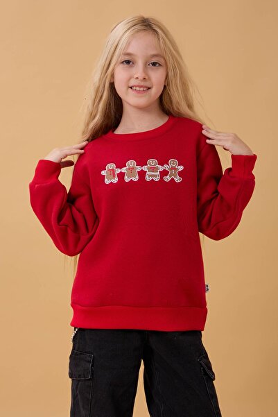 Perendi Φούτερ για κορίτσια με λαιμόκοψη με κέντημα μπισκότου κόκκινο