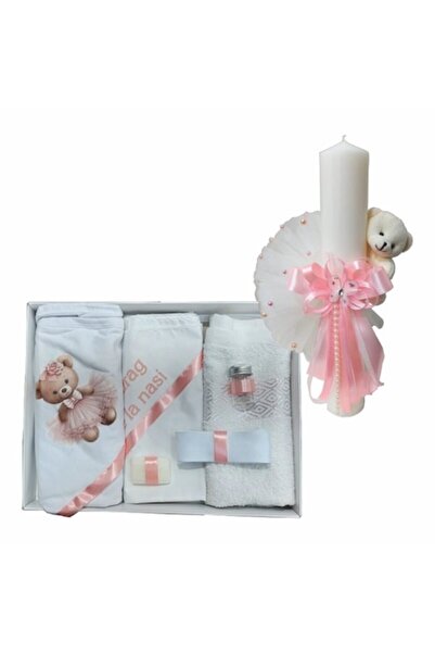 OEM Set Botez din Trusou 6 piese cu ursuleț și Lumânare groasă, lungime 35 cm...