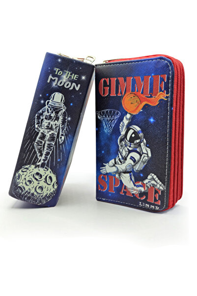 Limmy Husă pentru creion Jucător de baschet Astronaut Space Pattern Organizator Husă pentru creion din piele vegană Suport pentru stilou cu trei compartimente -