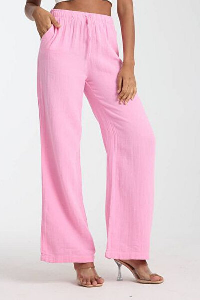 Mogi Butik Pantaloni Palazzo din muselină, ușor transparenți, cu talie elasti...