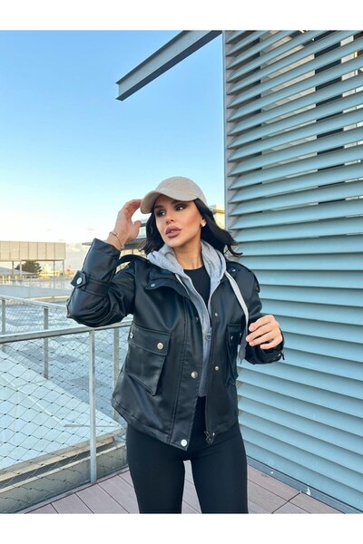 timagna Kadın Deri Ceket Gri Kapüşonlu Fermuar ve Çıtçıtlı Spor Şık Suni Siya...