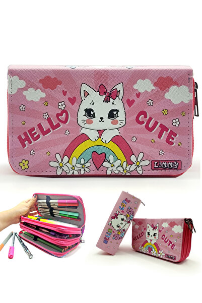 Limmy Trusa pentru creion Kitty Cat Model Organizator Pen Box din piele vegană Suport stilou cu trei compartimente