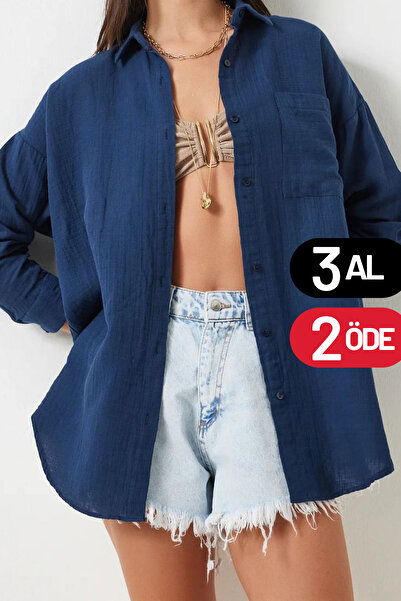 Mogi Butik Women's Pocketed 100% Cotton Regular Cut Basic Muslin Shirt 3079