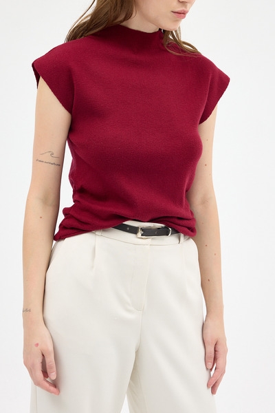 Rays Burgundy Gathered Side Knitwear Blouse 2306