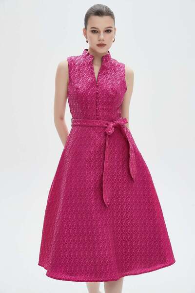 mica Embroidered Sleeveless Midi Dress with Ruffles and Shirt Collar