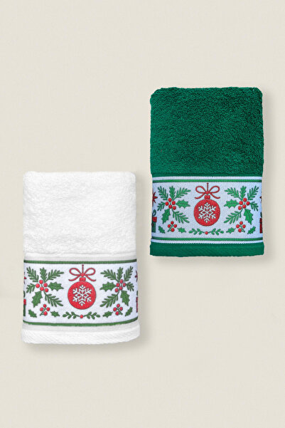 Ellaline 2-Piece Christmas Towels 100% Cotton Christmas Concept Hand, Face and Kitchen Towels White Green 50X90Cm