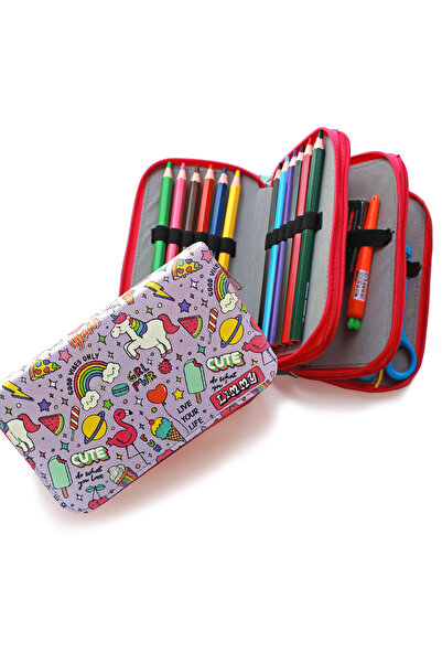 Limmy Trusa pentru creion Purple Unicorn Flamingo Kawai Organizator Pen Box din piele vegană Suport stilou cu trei compartimente - roz