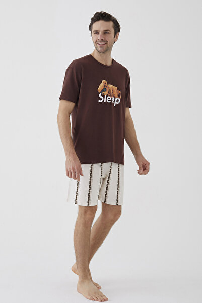 koza iç giyim Men's Short Sleeve Cotton Teddy Bear Print Shorts Pajamas Set