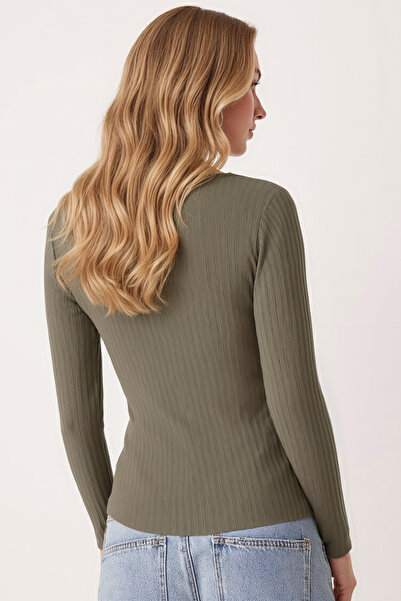 armonika Kadın Haki V Yaka Uzun Kollu Önü Büzgülü Yumuşak Dokulu Likralı Bluz ARM-26K001014