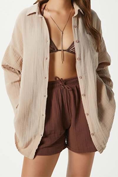 Mogi Butik Kadın Cepli %100 Pamuk Regular Kesim Basic Müslin Gömlek 3079