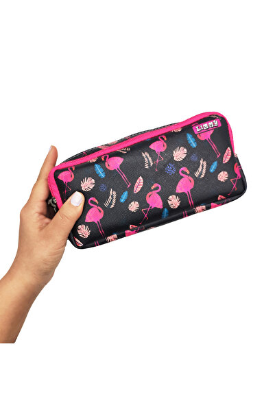 Limmy Пенал Чорний Рожевий Фламінго з візерунком Пенал Веганська шкіра Двосек...