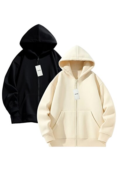 pandy 2-balení černo-béžových unisex mikin/kardiganů s kapucí a zipem
