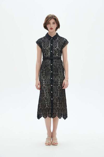 Nichii فستان نسائي متوسط الطول بأكمام قصيرة وتفاصيل دانتيل