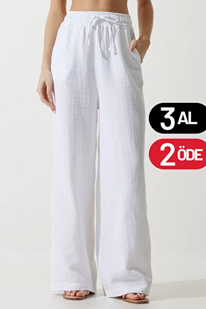 Mogi Butik Γυναικείο ελαφρύ διαφανές παντελόνι Palazzo Muslin με ελαστική μέσ...