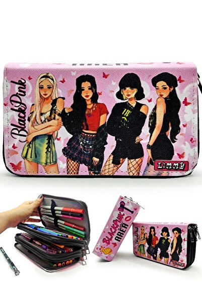 Limmy Μολυβοθήκη Blackpink Organizer Θήκη στυλό Vegan Δερμάτινη θήκη τριών διαμερισμάτων-μαύρη